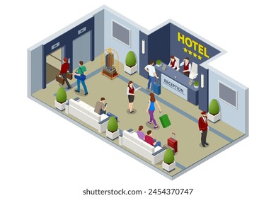 Isometric Hotel Reception Interior. Reception Desk. Man Receptionist Character Standing. People booking hotel and search reservation for holiday.