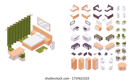 Isometric hotel room furniture set good for guesthouse and inn creation
