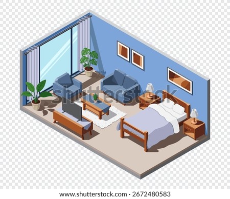 Isometric hotel room interior. Hotel room with bed, window, tv, sofa and table. Set of bedroom furniture. Isometric hotel room