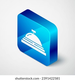 Isometric Hotel service bell icon isolated on grey background. Reception bell. Blue square button. Vector