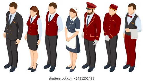 Isometric Hotel Services Receptionist Baker and Waiter, Cleaners and Porter, Hospitality Workers, Hotel Restaurant Team. People in Uniform. Service staff s recent characters