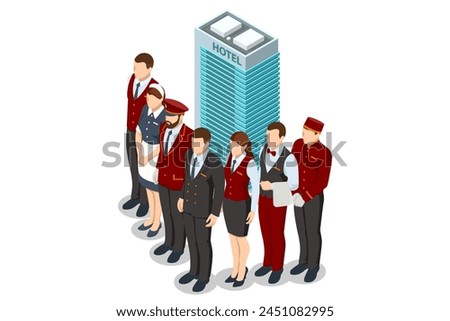 Isometric Hotel Services Receptionist Baker and Waiter, Cleaners and Porter, Hospitality Workers, Hotel Restaurant Team. People in Uniform. Service staff's recent characters