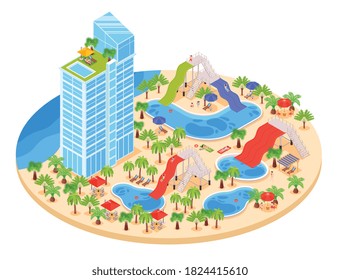Isometrische Zusammensetzung des Hotelwasserparks mit hohen Gebäudepools mit Rutsche und Bäumen auf Kreisplattform, Vektorgrafik