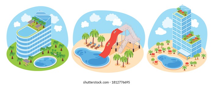 Isometric hotel water park design concept set of three round compositions with landscape hotel compound views vector illustration