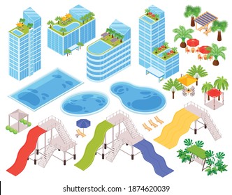 Isometric hotel water park al aire libre icono conjunto con el edificio principal piscinas de agua toboganes y área recreativa ilustración vectorial