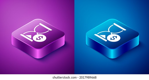 Isometric Hourglass with dollar icon isolated on blue and purple background. Money time. Sandglass and money. Growth, income, savings, investment. Square button. Vector