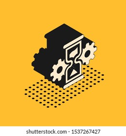Isometric Hourglass and gear icon isolated on yellow background. Time Management symbol. Clock and gear icon. Business concept.  Vector Illustration