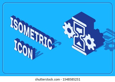 Isometric Hourglass and gear icon isolated on blue background. Time Management symbol. Clock and gear icon. Business concept.  Vector Illustration