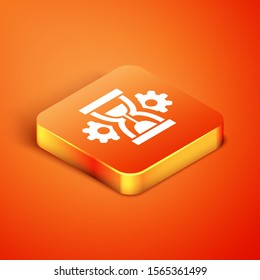 Isometric Hourglass and gear icon isolated on orange background. Time Management symbol. Clock and gear icon. Productivity symbol.  Vector Illustration