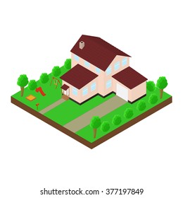 Isometric house 3D icon. Pictograms house with a mailbox, trees, bushes, children's Playground, swing, slide, sandpit, garage