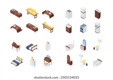 Isometric house apartment 3d furniture. Kitchen bathroom living room and bed room interior elements. Sofa bed fridge table bath, flawless vector set