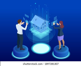Proyecto arquitectónico de casas isométricas. Interfaz interactiva virtual. El ingeniero utiliza la interfaz virtual para la realidad aumentada en el diseño arquitectónico de la casa.