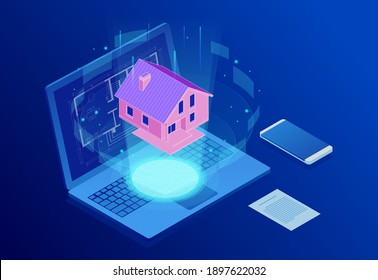Proyecto arquitectónico de casas isométricas. Interfaz interactiva virtual. El ingeniero utiliza la interfaz virtual para la realidad aumentada en el diseño arquitectónico de la casa.