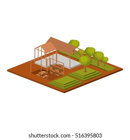 Isometric house architecture model and trees design