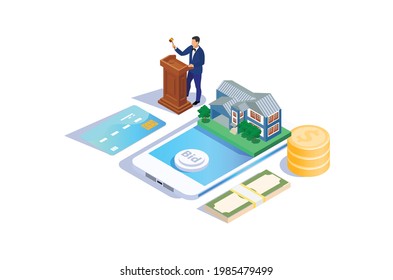 Isometric House auction online  Auction Illustration, with house on screen, finger tapping bid button,Web Banners, Suitable for Diagrams, Infographics, Book Illustration, Game Asset, And Other Graphic