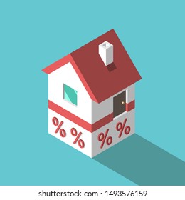 Isometric house based on percent sign cubes foundation. Mortgage, loan, credit, real estate, investment and discount concept. Flat design. EPS 8 vector illustration, no transparency, no gradients