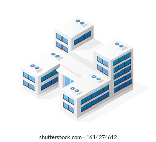 Isometric house building skyscraper concept illustration urban infrastructure for web games applications