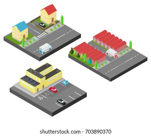 Isometric house. Isometric building with solar panel. The factory with storage tanks, garages, warehouses. Road, green bushes in front of house. Vector illustration isometric style. 