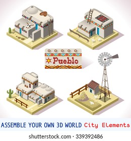 Isometric house Building Western Rural Pueblo. Basic Set Tiles Mexican Building. 3D Flat Vector Icon Set. Rural new Mexico clay south America Building Isolated Vector android video game Collection. 