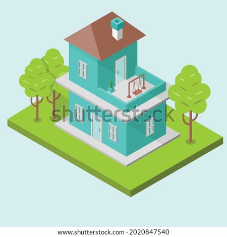 isometric house bulding with natural  vector illustration