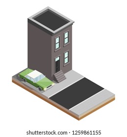 Isometric house car banner. Auto transportation route map, 3D automobile logistic, isometric house transport, vector isometry home city auto car, infographic vehicle. Low poly style car vehicle model