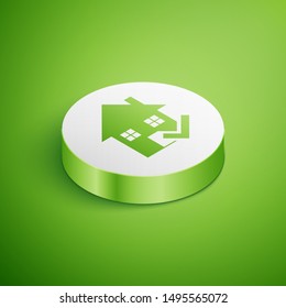 Isometric House with check mark icon isolated on green background. Real estate agency or cottage town elite class. White circle button. Vector Illustration