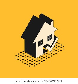 Isometric House with check mark icon isolated on yellow background. Real estate agency or cottage town elite class.  Vector Illustration