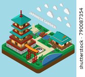 Isometric house composition with images of traditional japanese style tower buildings and garden territory with text vector illustration