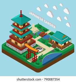 Isometric house composition with images of traditional japanese style tower buildings and garden territory with text vector illustration