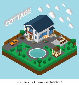 Isometric house composition with images of two-story cottage building and adjacent territory with round pool vector illustration