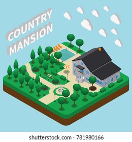 Isometric house composition with text and view of garden with pool and summer holiday home building vector illustration