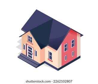 Isometric house concept. Large building, private property and real estate. Urban architecture, exterior and facade. Model for constructor, single object. Cartoon 3D vector illustration