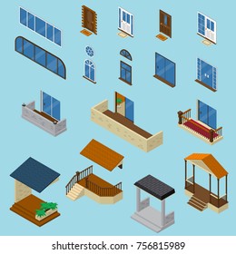 Isometric house constructor elements collection with isolated images of glossy windows doors balcony and stoop vector illustration