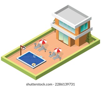 An Isometric house contain pool inside.