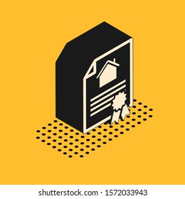 Isometric House contract icon isolated on yellow background. Contract creation service, document formation, application form composition.  Vector Illustration