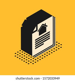 Isometric House contract icon isolated on yellow background. Contract creation service, document formation, application form composition.  Vector Illustration
