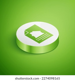 Isometric House contract icon isolated on green background. Contract creation service, document formation, application form composition. White circle button. Vector