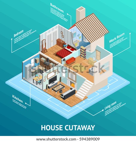 Isometric house cutaway conceptual composition with profiled home room views and text captions on abstract background vector illustration