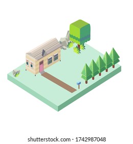The isometric house is a cute, happy home.