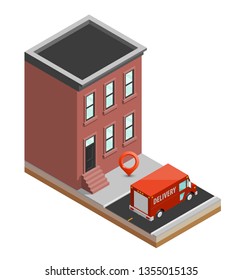 Isometric house & delivery van. Cargo truck transportation route, Fast delivery logistic 3d carrier transport, app isometry city freight car, infographic loading goods. Low poly style vehicle truck