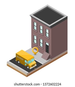 Isometric house & delivery van. Cargo truck transportation route, Fast delivery logistic 3d carrier transport, app isometry city freight car, infographic loading goods. Low poly style vehicle truck