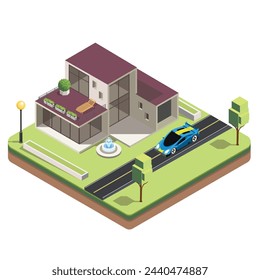 Isometrisch des Hausdesigns zwei Etagen Modernes Industrie- und blaues Superauto #2