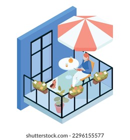 Isometric house facade composition with isolated view of open balcony with women drinking tea under umbrella vector illustration