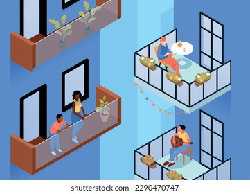 Isometric house facade composition with outdoor scenery and view of apartment houses with balconies and people vector illustration