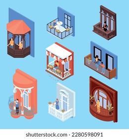 Isometric house facade people set with isolated icons of balconies pavilions of classic and modern design vector illustration
