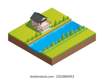 Isometric of house in farm area with flowing river