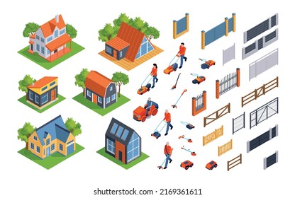 Isometric house fence lawn mower set with isolated icons of hedge parts grass and modern dwellings vector illustration