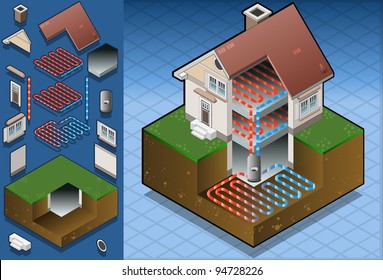 Isometric House Geothermal Earth Energy Heat Pump Diagram. 3D Isometric Geothermal Ground Distribution Diagram. Heat Geothermal energy Pump Loop Thermal Ground Energies Power House Vector Illustration