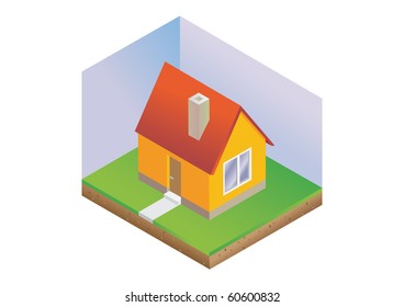 isometric house with green lawn and sky - illustration