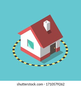 Isometric house in hazard tape circle on turquoise blue. Stay home, coronavirus pandemic, self quarantine  and isolation concept. Flat design. EPS 8 vector illustration, no transparency, no gradients